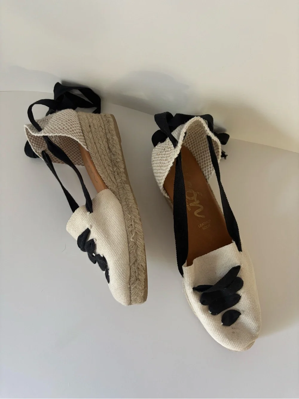 Picon Cream Espadrille Wedge Flats with Black Ribbon Detail